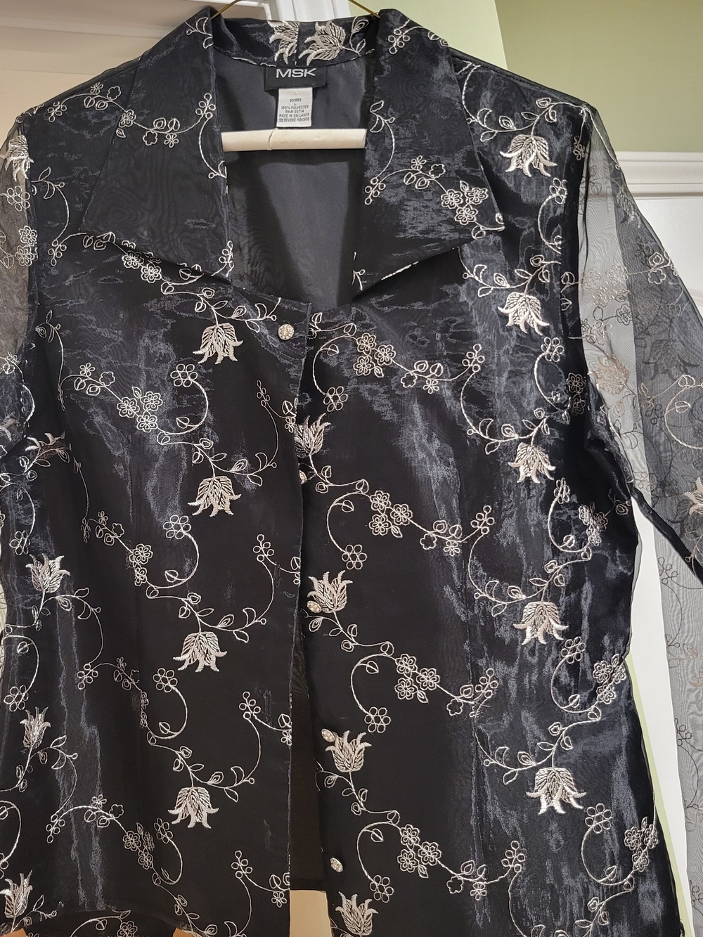 MSK Black Floral Embroidered Sheer-Sleeve Blazer